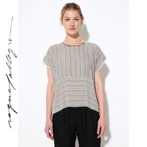 $325‼️RAQUEL ALLEGRA French Striped Boxy Fray Pop Over Top Blouse Handmade USA M